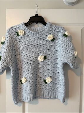 Main Strip Light Blue Crochet Floral Appliqué Sweater